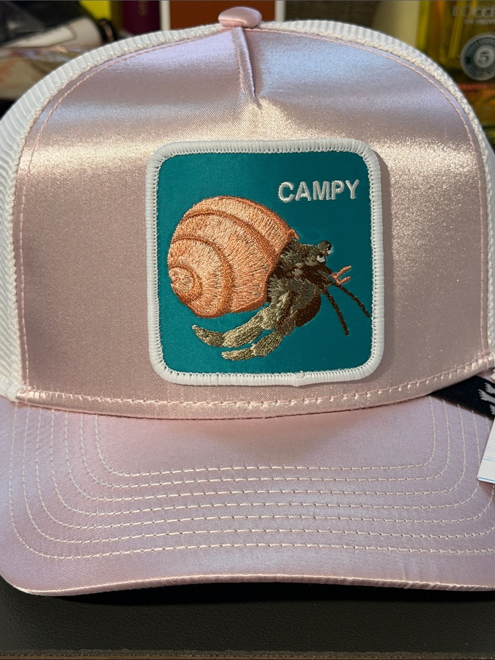 Goorin Bros Pale Pink Trucker Hat with Teal Hermit Crab Patch